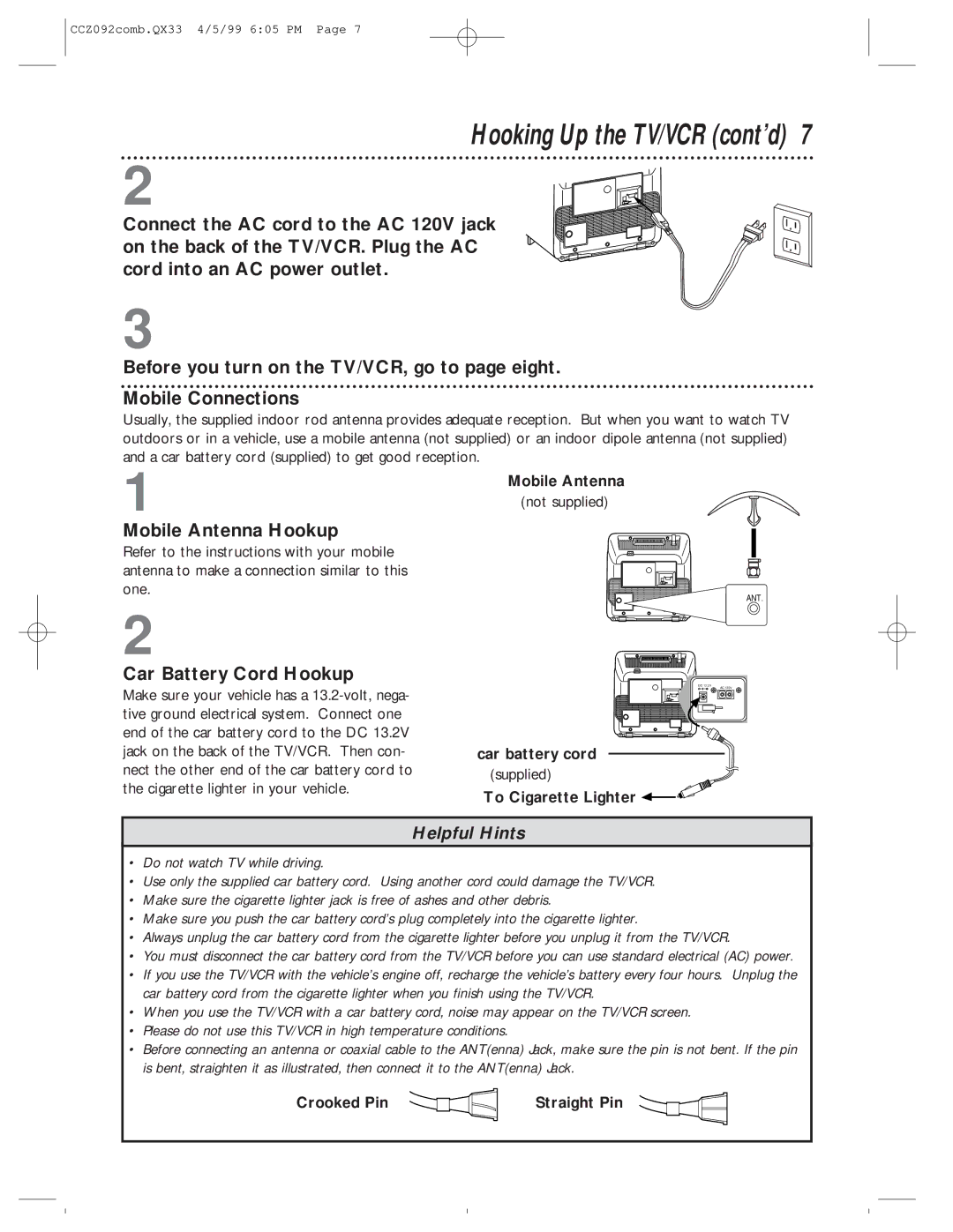 Philips CCZ092AT owner manual Hooking Up the TV/VCR cont’d, Mobile Antenna Hookup, Car Battery Cord Hookup 