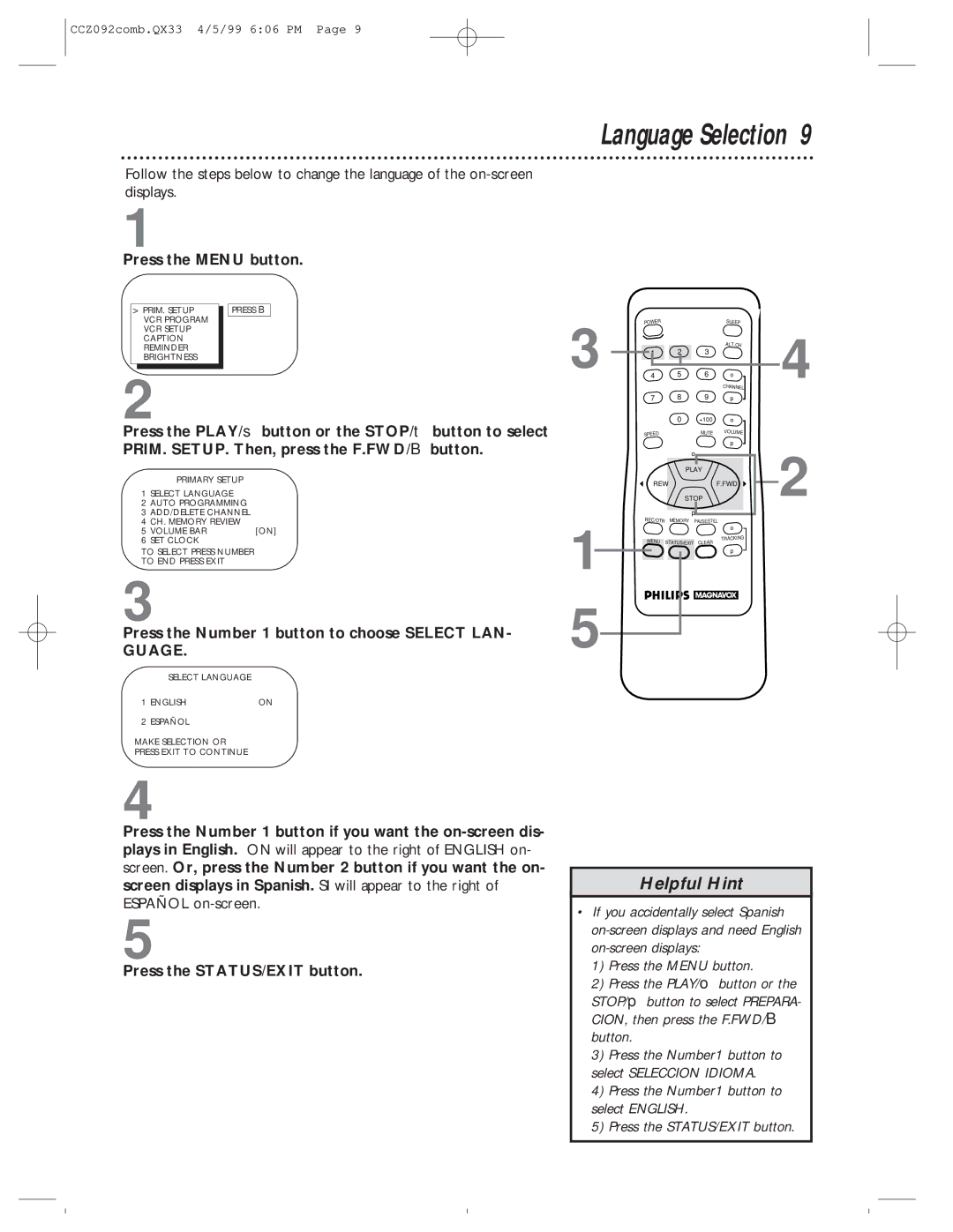 Philips CCZ092AT Language Selection, Press the Menu button, Press the Number 1 button to choose Select LAN, Guage 