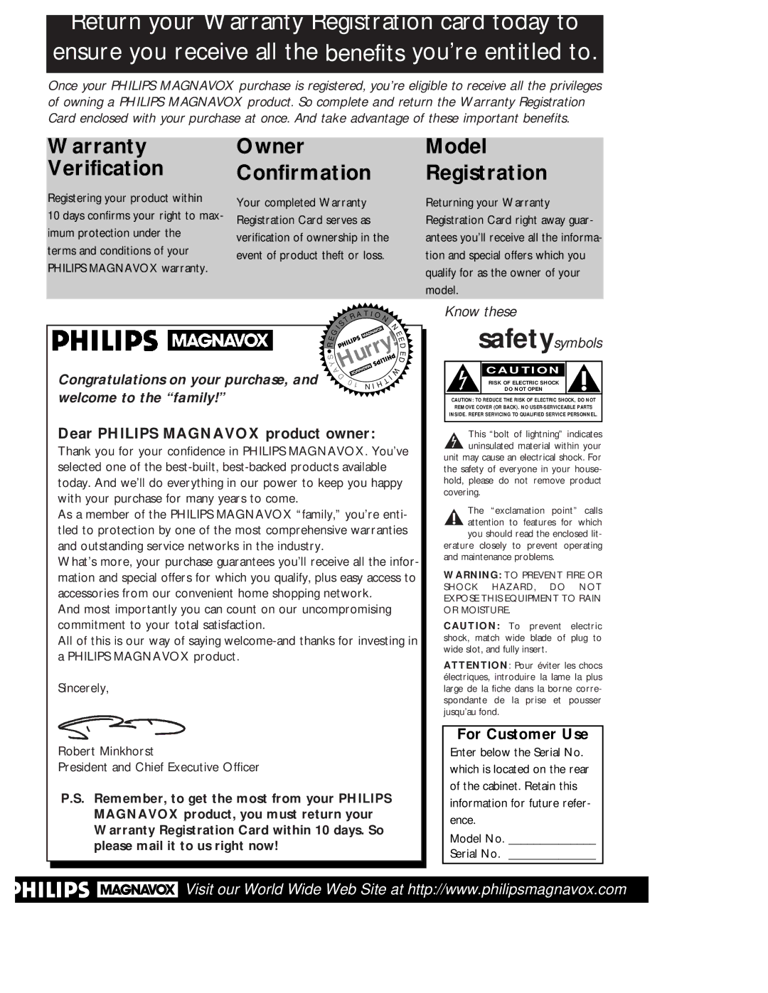 Philips CCZ132AT, CCW135AT owner manual Dear Philips Magnavox product owner, For Customer Use 