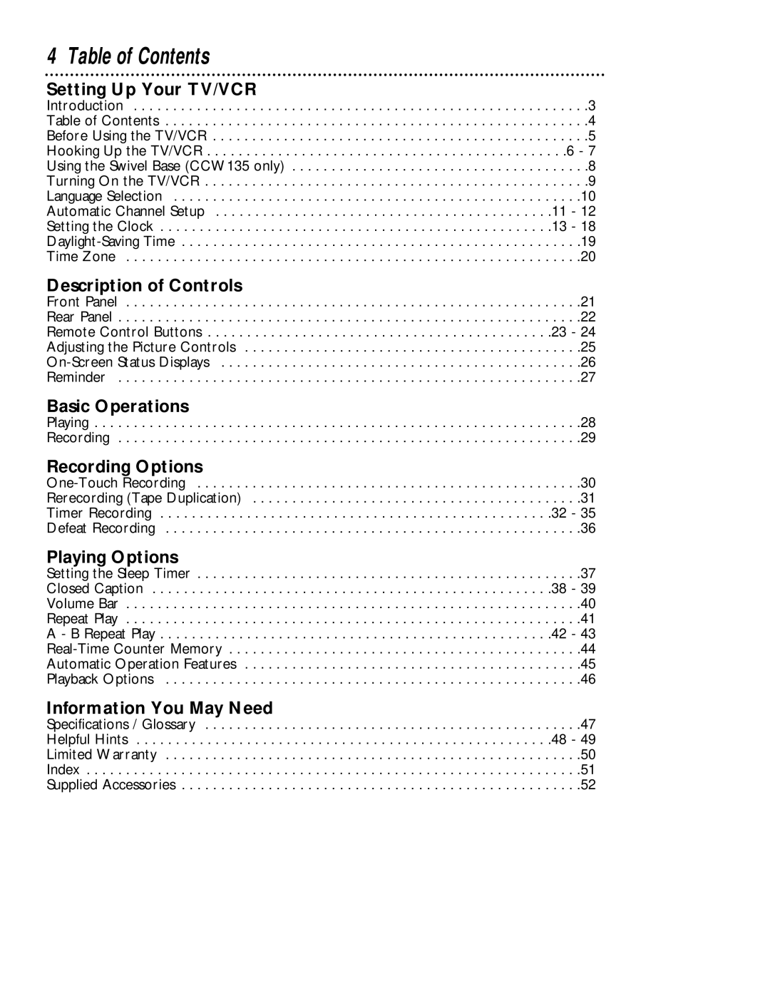 Philips CCZ132AT, CCW135AT owner manual Table of Contents 