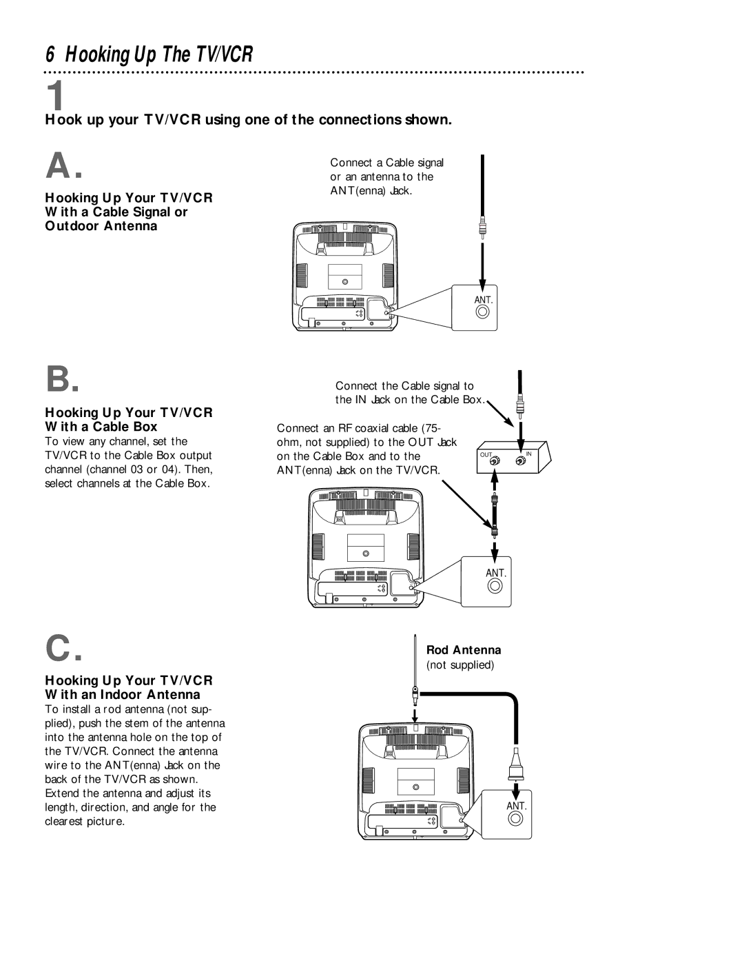 Philips CCZ132AT, CCW135AT Hooking Up The TV/VCR, Hook up your TV/VCR using one of the connections shown, Rod Antenna 