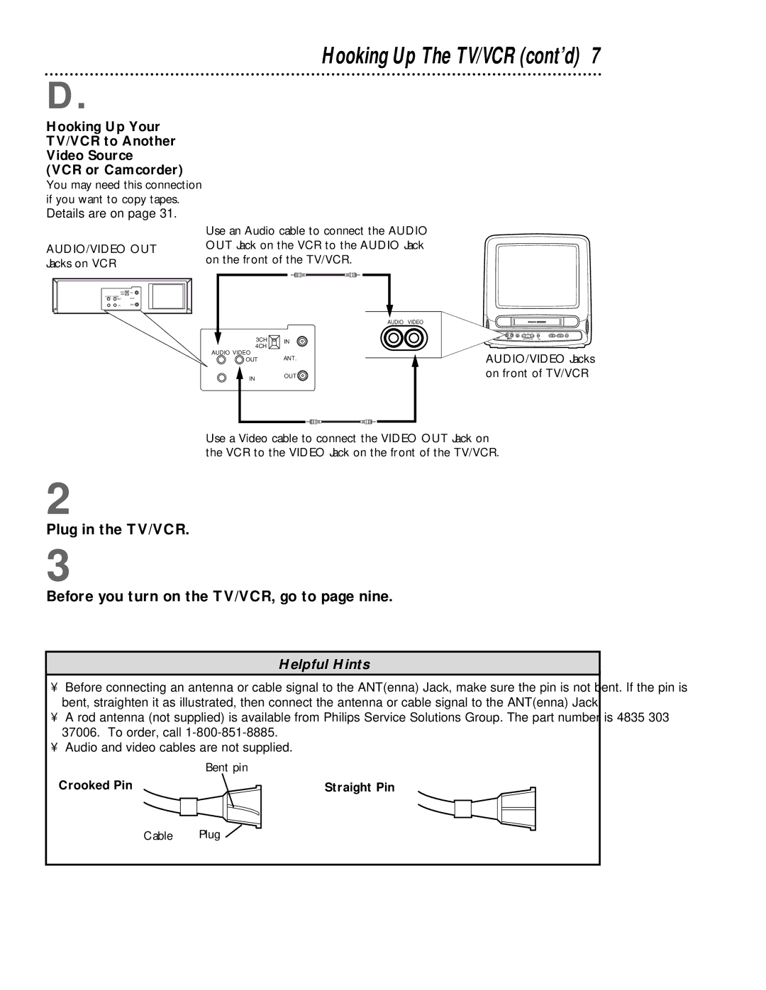 Philips CCW135AT, CCZ132AT owner manual Hooking Up The TV/VCR cont’d, Bent pin, Crooked Pin Straight Pin, Cable Plug 