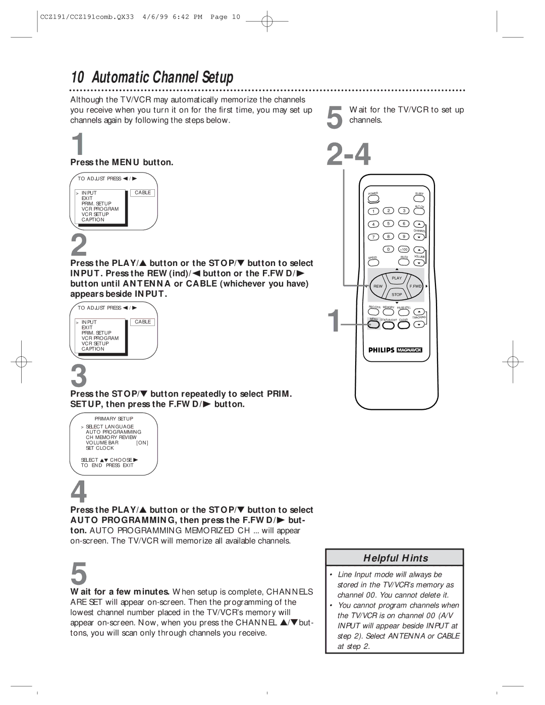 Philips CCZ191AT, CCZ192AT owner manual Automatic Channel Setup, Wait for the TV/VCR to set up channels 