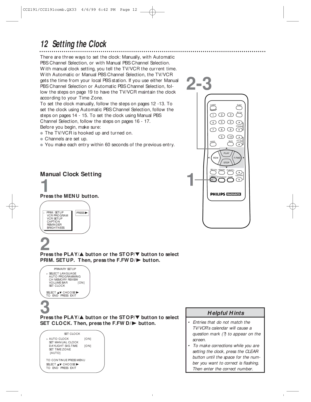 Philips CCZ191AT, CCZ192AT owner manual Setting the Clock, Manual Clock Setting 