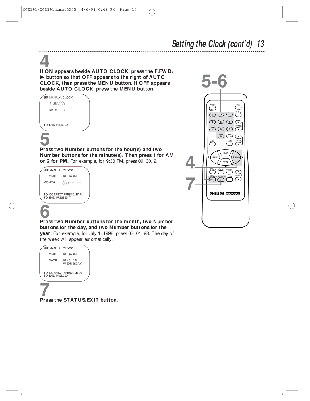 Philips CCZ192AT, CCZ191AT owner manual Setting the Clock cont’d 