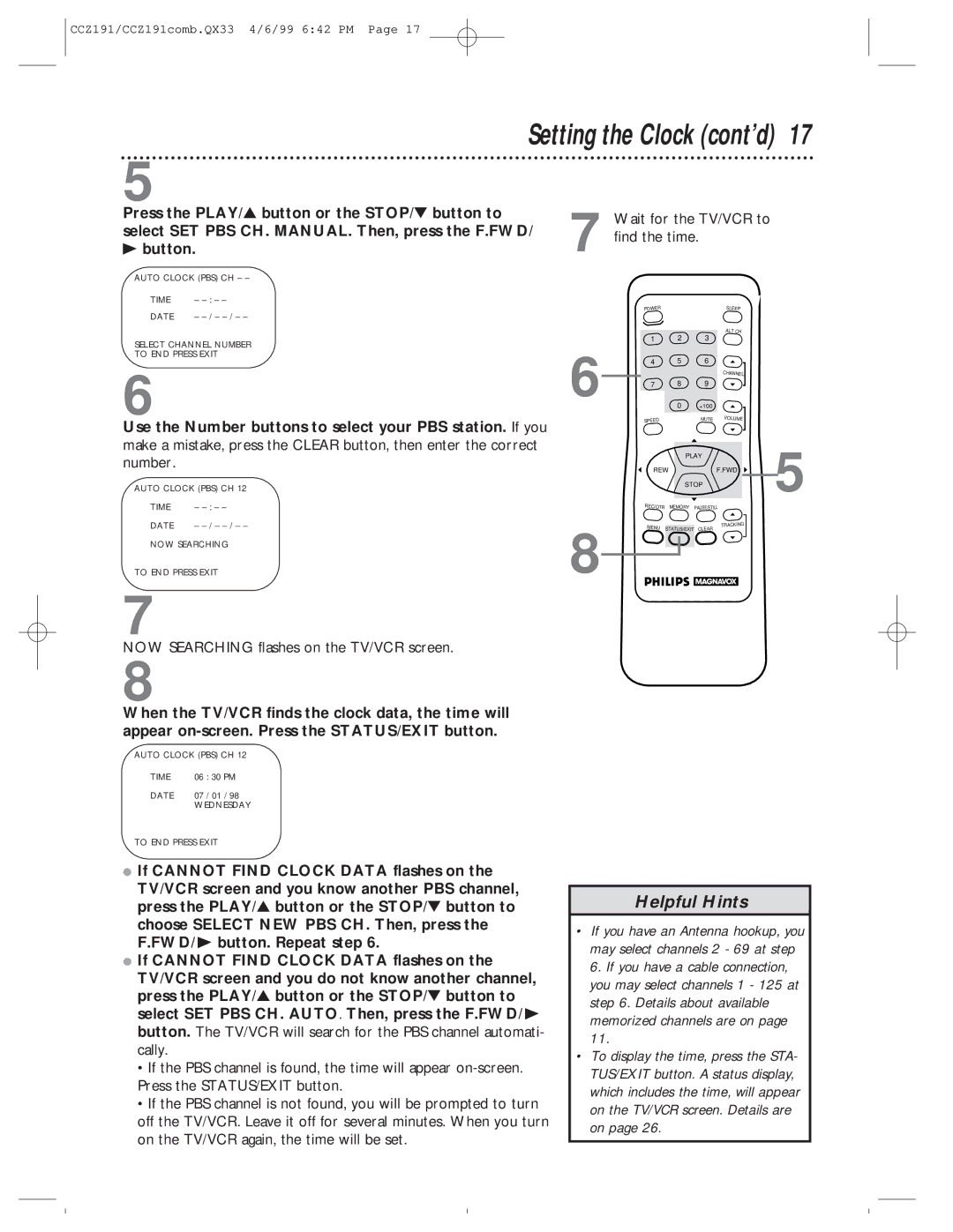 Philips CCZ192AT, CCZ191AT owner manual NOW Searching flashes on the TV/VCR screen 