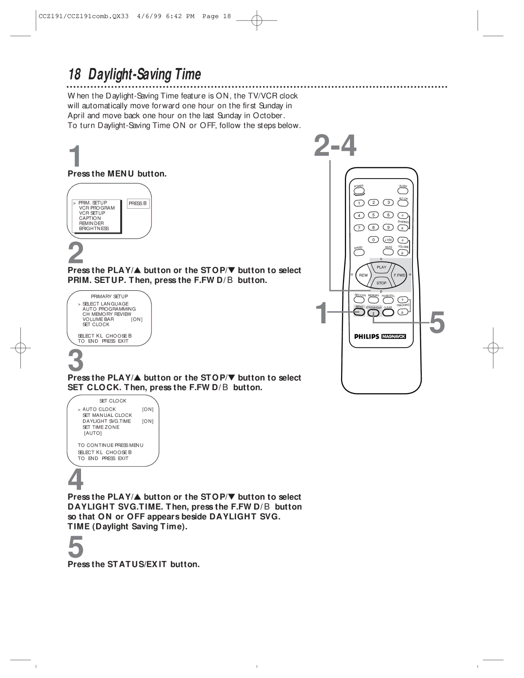 Philips CCZ191AT, CCZ192AT owner manual Daylight-Saving Time, Press the STATUS/EXIT button 