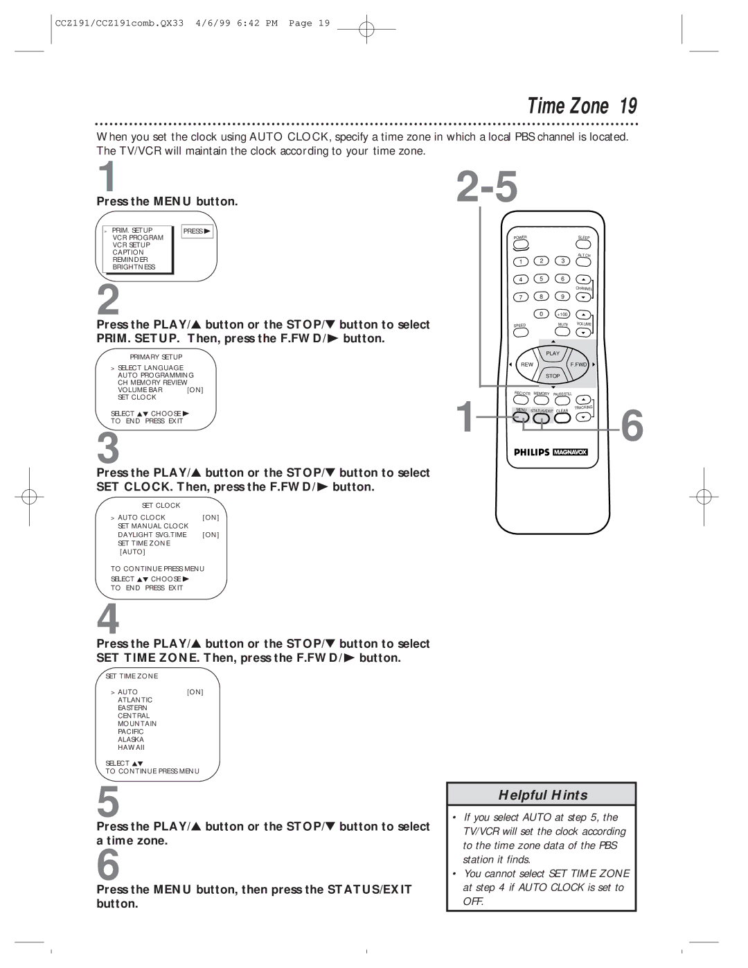 Philips CCZ192AT, CCZ191AT owner manual Time Zone, Press the Menu button 