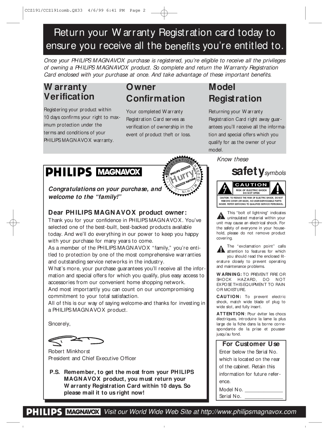 Philips CCZ191AT, CCZ192AT owner manual Dear Philips Magnavox product owner, For Customer Use 