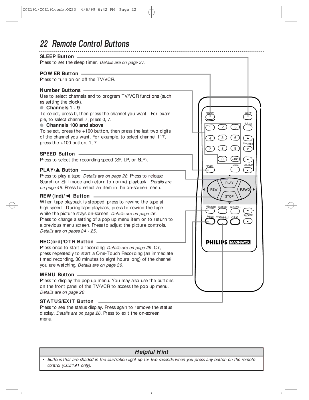 Philips CCZ191AT, CCZ192AT owner manual Remote Control Buttons 