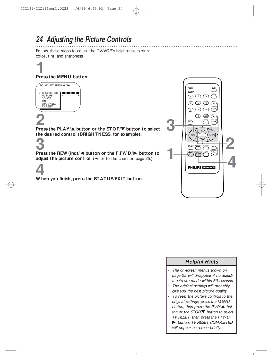 Philips CCZ191AT, CCZ192AT owner manual Adjusting the Picture Controls 