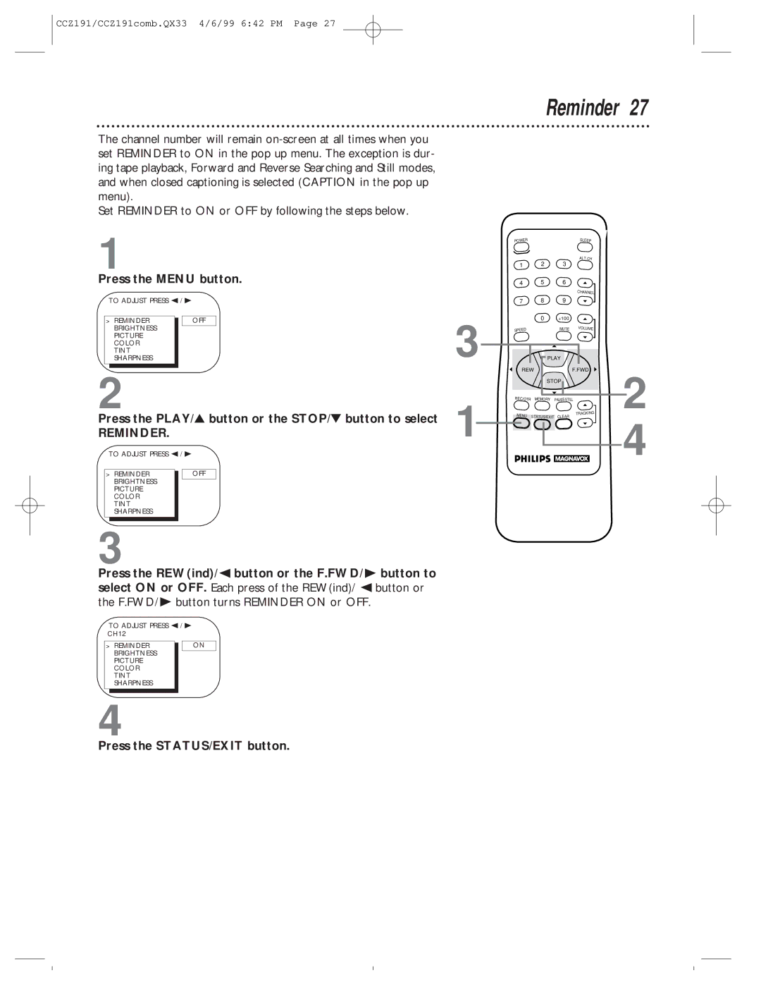 Philips CCZ192AT, CCZ191AT owner manual Reminder 