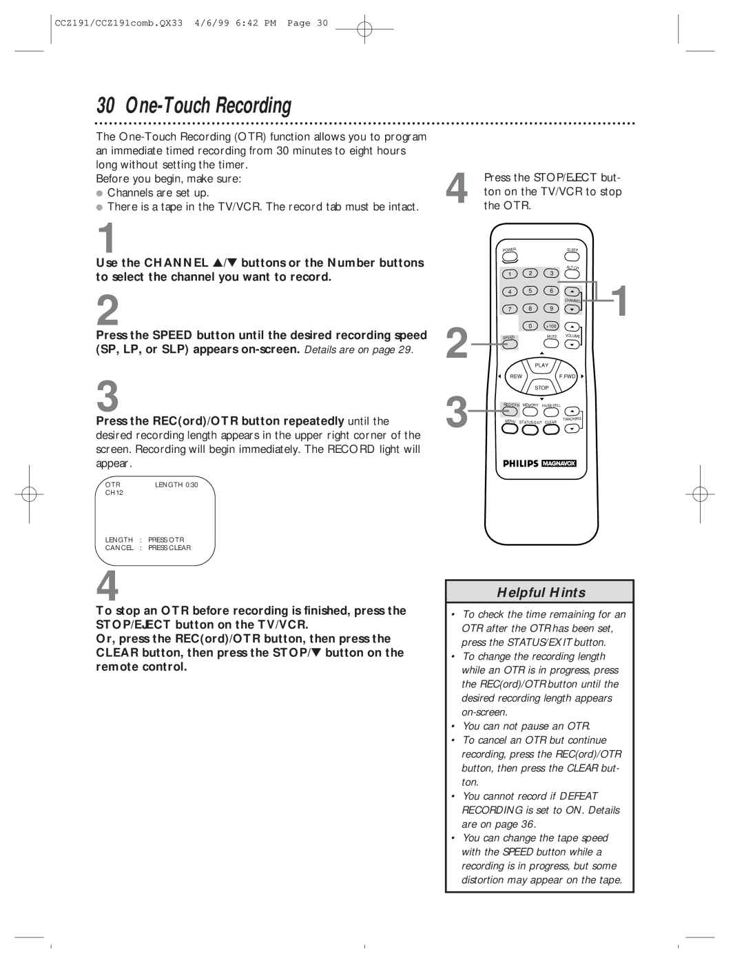 Philips CCZ191AT, CCZ192AT owner manual One-Touch Recording, Otr 