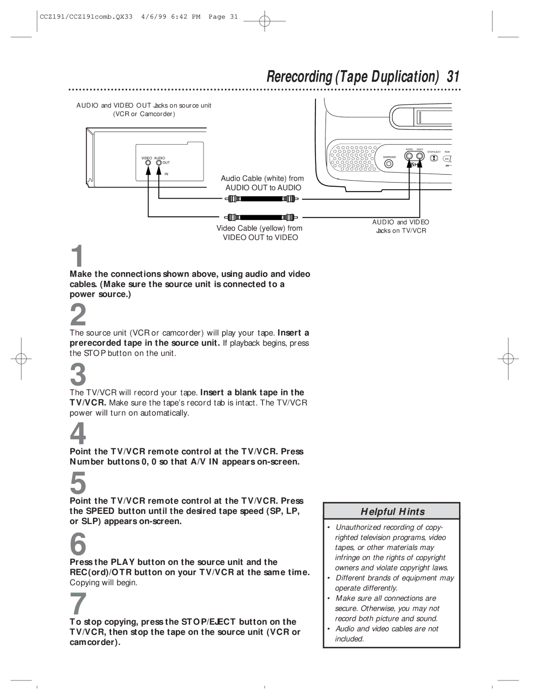 Philips CCZ192AT, CCZ191AT owner manual Rerecording Tape Duplication, Different brands of equipment may operate differently 