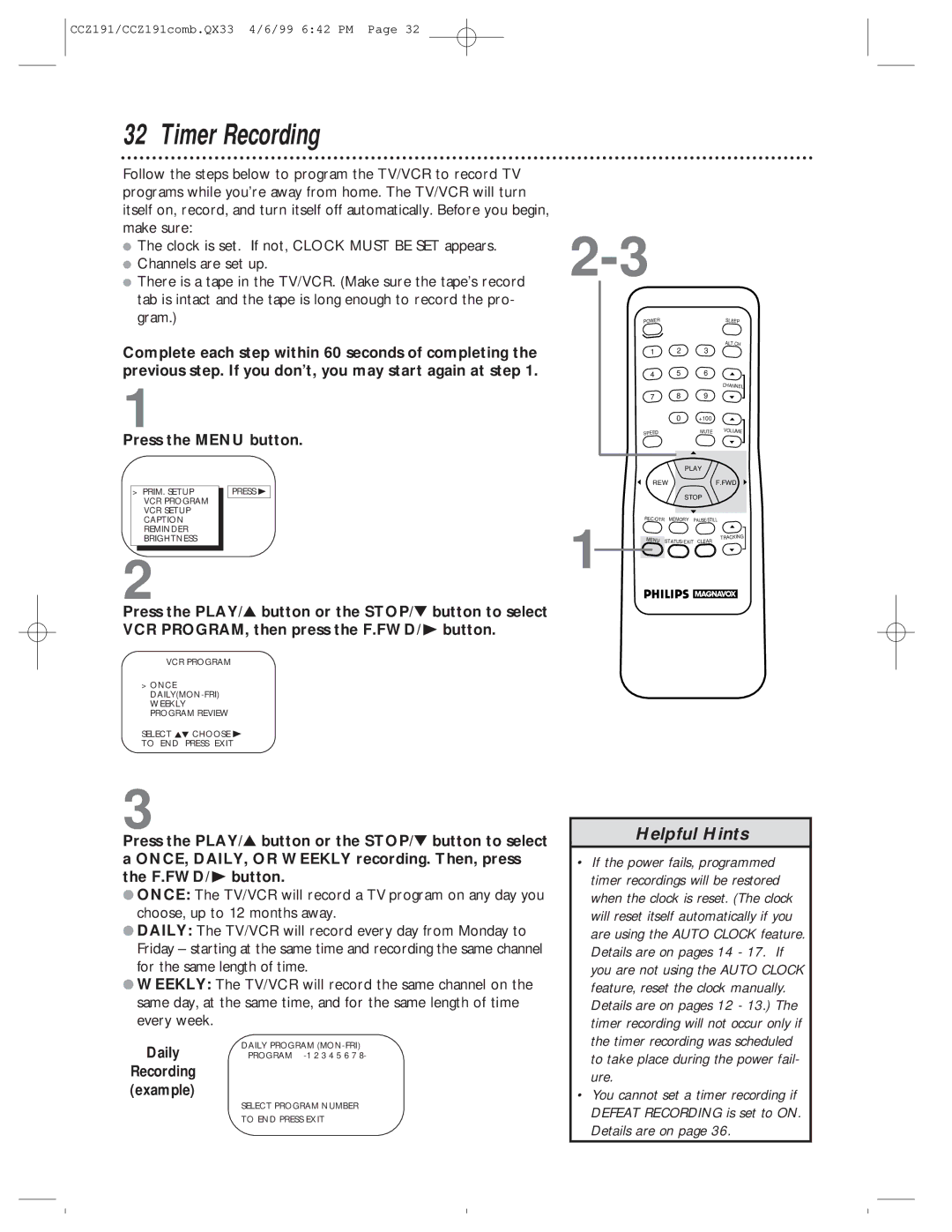 Philips CCZ191AT, CCZ192AT owner manual Timer Recording, Daily 