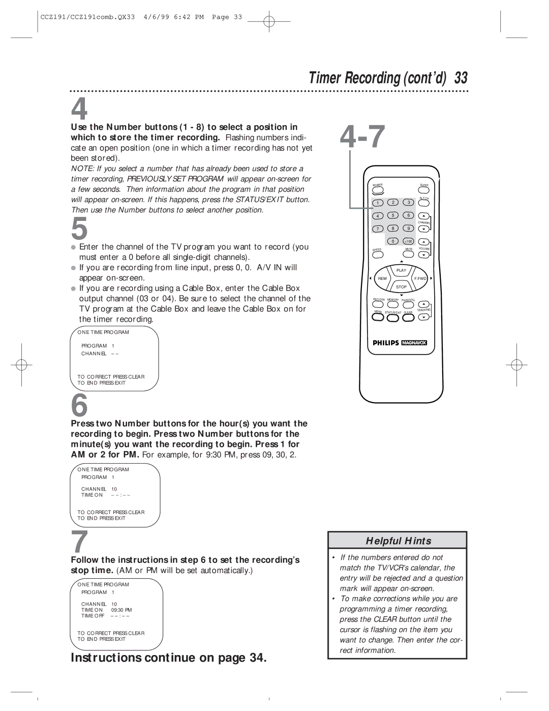 Philips CCZ192AT, CCZ191AT owner manual Timer Recording cont’d, Instructions continue on 