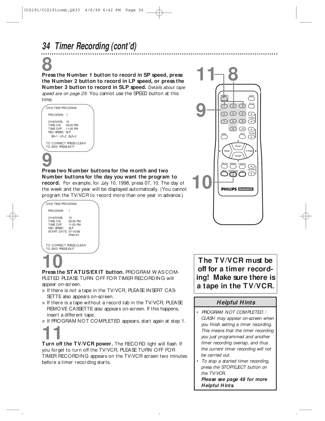 Philips CCZ191AT, CCZ192AT owner manual Please see page 48 for more Helpful Hints 