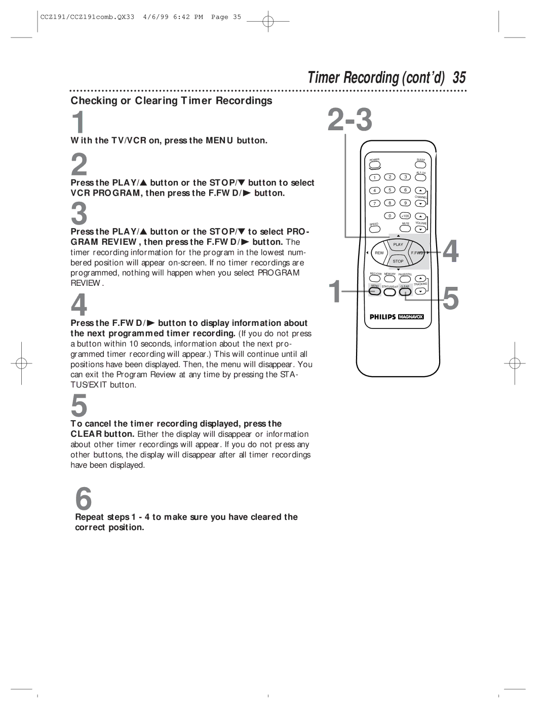 Philips CCZ192AT, CCZ191AT owner manual Checking or Clearing Timer Recordings 