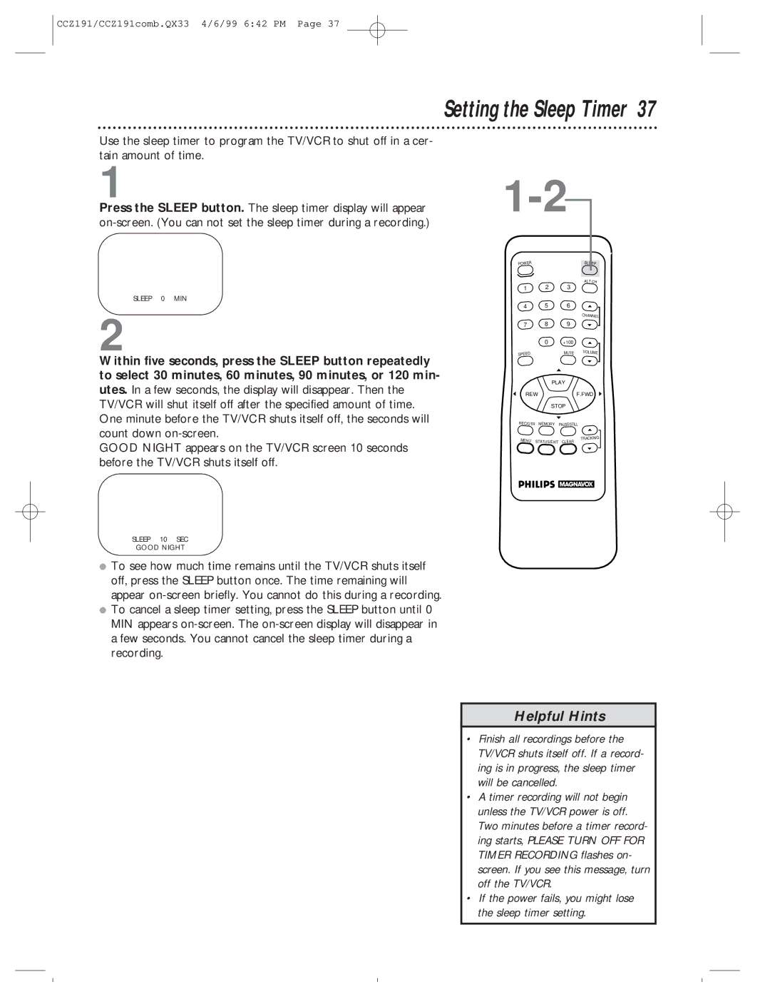 Philips CCZ192AT, CCZ191AT owner manual Setting the Sleep Timer, If the power fails, you might lose the sleep timer setting 