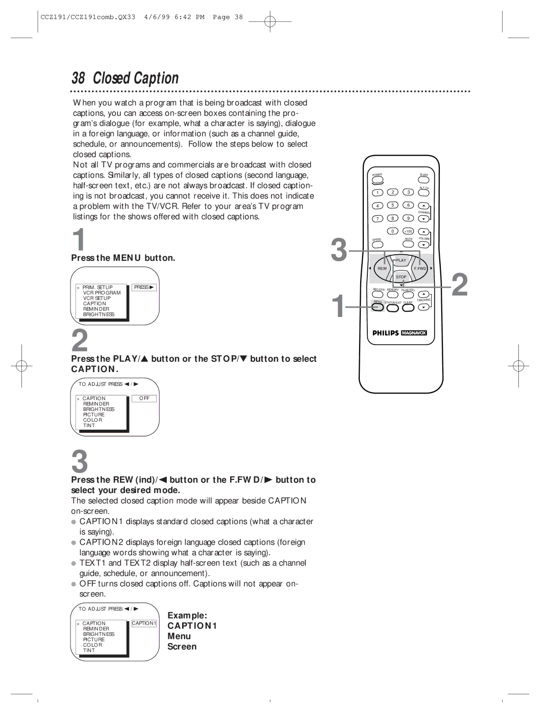 Philips CCZ191AT, CCZ192AT owner manual Closed Caption, Example, Menu, Screen 