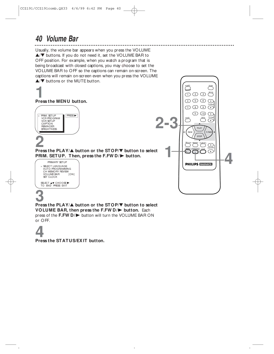 Philips CCZ191AT, CCZ192AT owner manual Volume Bar, PRIM. SETUP. Then, press the F.FWD/ B button 