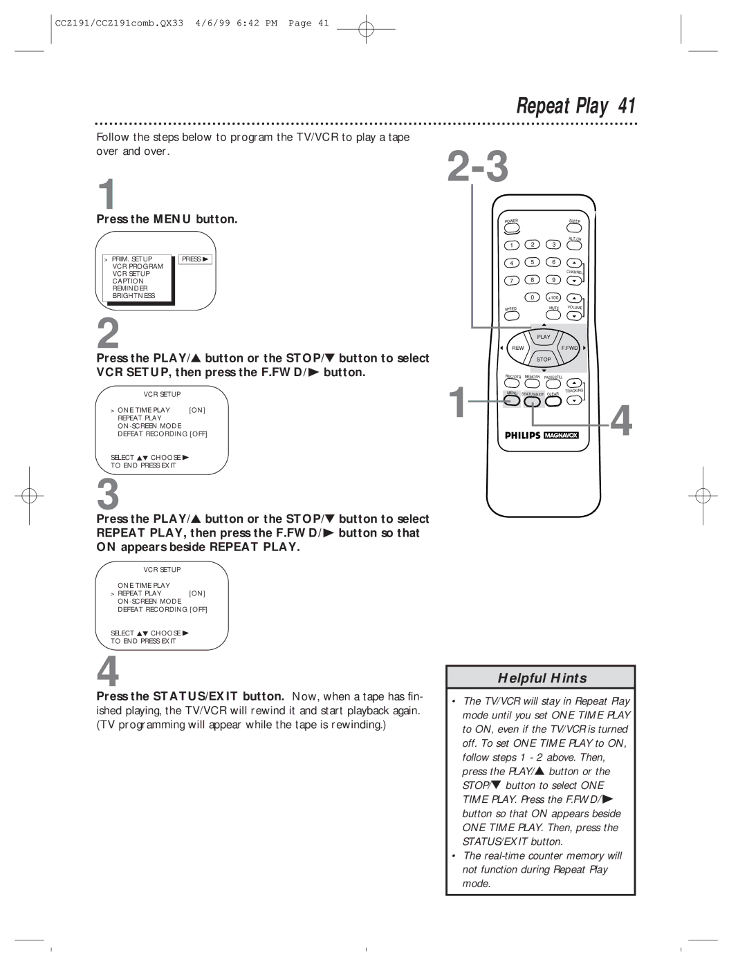 Philips CCZ192AT, CCZ191AT owner manual Repeat Play 