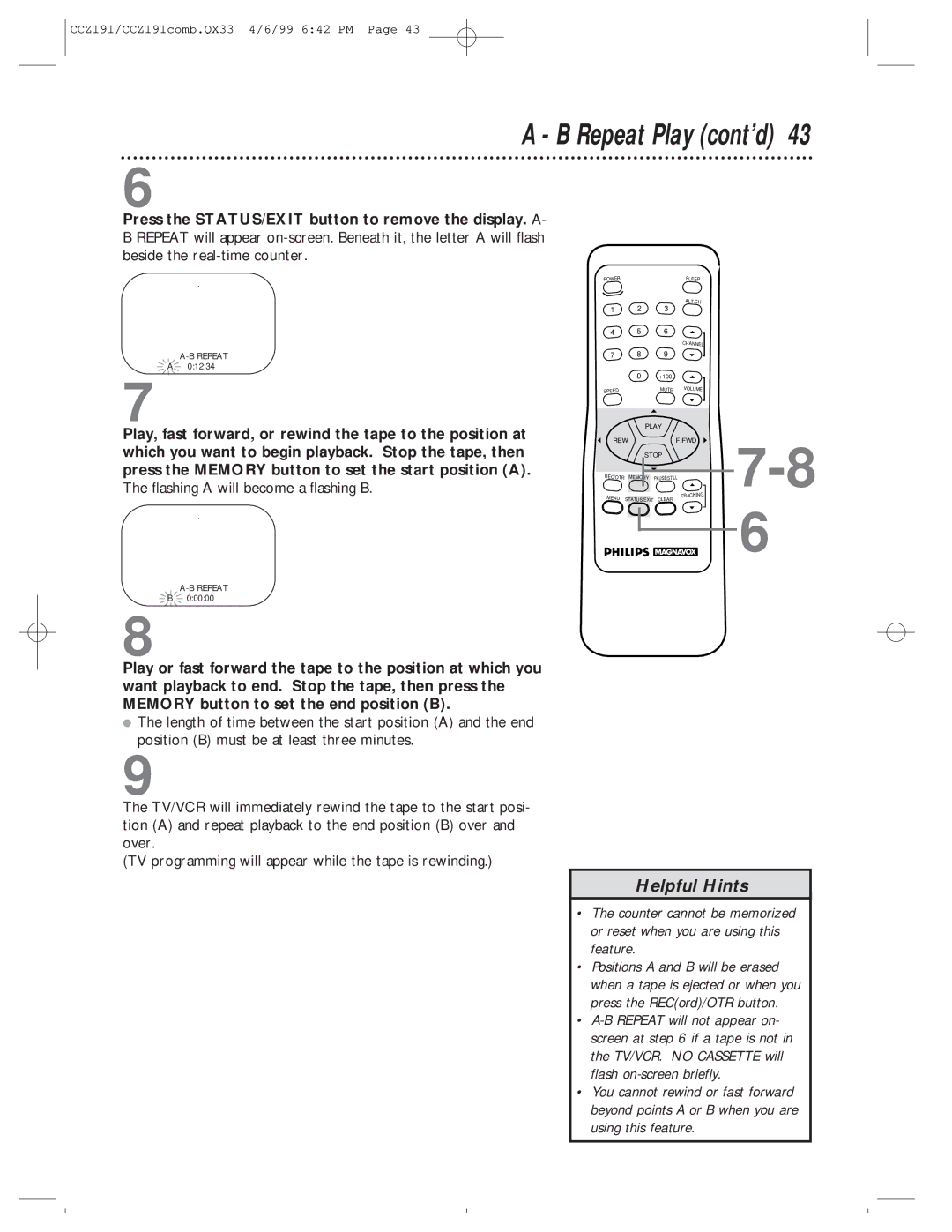 Philips CCZ192AT, CCZ191AT owner manual Repeat Play cont’d, Flashing a will become a flashing B 