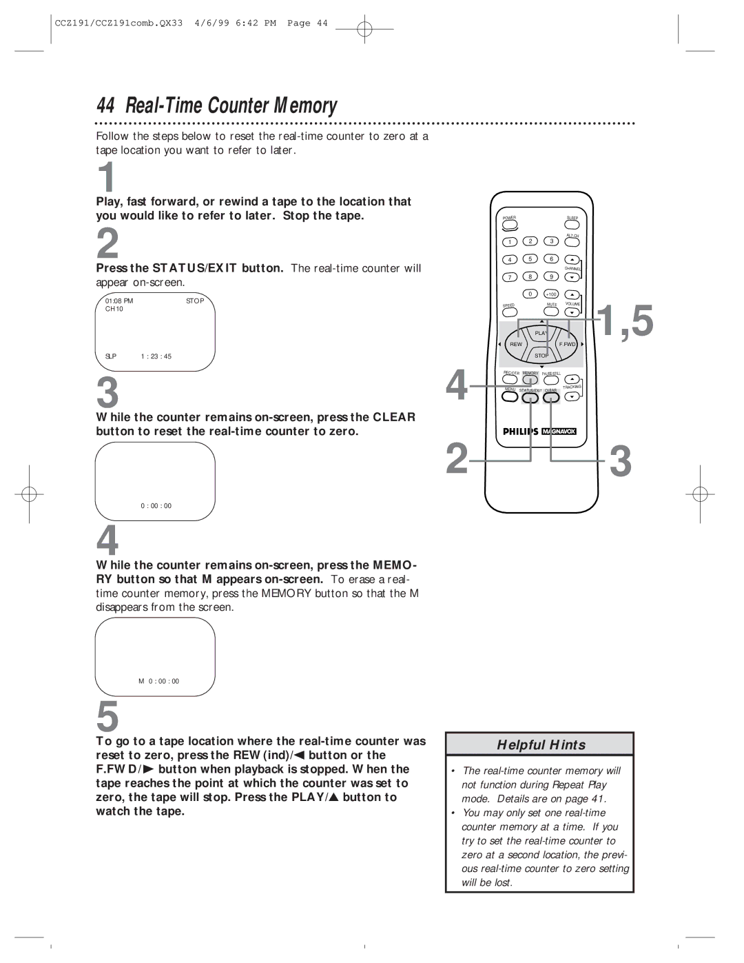 Philips CCZ191AT, CCZ192AT owner manual Real-Time Counter Memory, Appear on-screen 