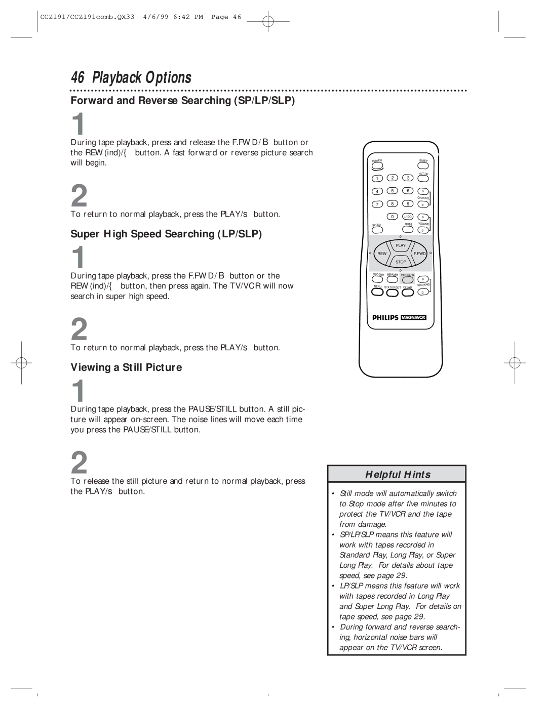 Philips CCZ191AT, CCZ192AT Playback Options, Forward and Reverse Searching SP/LP/SLP, Super High Speed Searching LP/SLP 