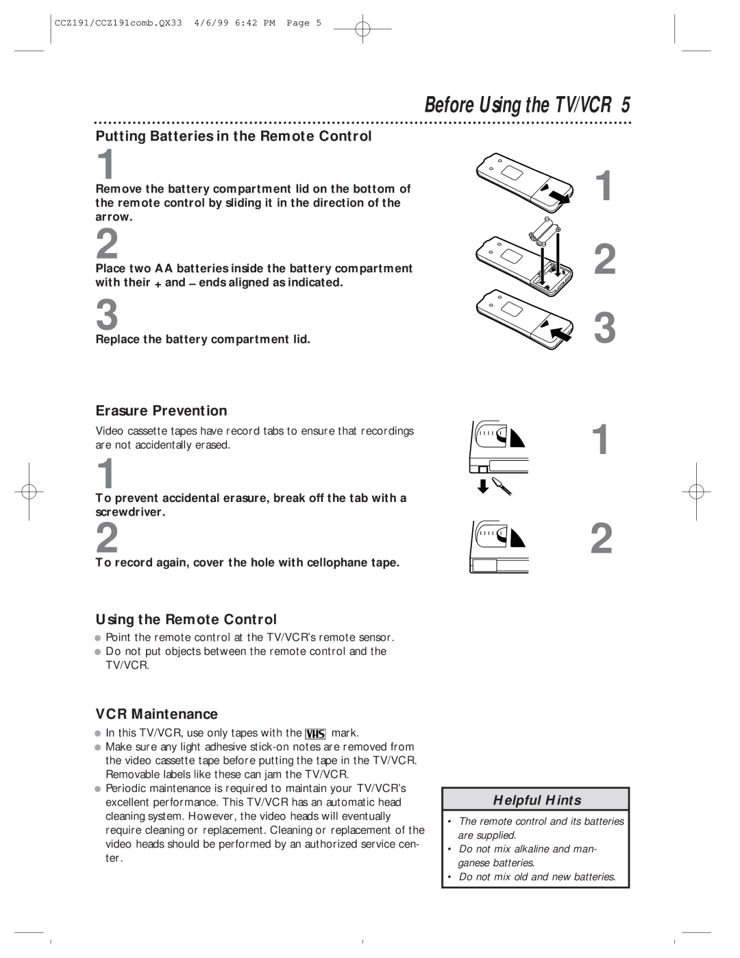 Philips CCZ192AT Before Using the TV/VCR, Putting Batteries in the Remote Control, Erasure Prevention, VCR Maintenance 