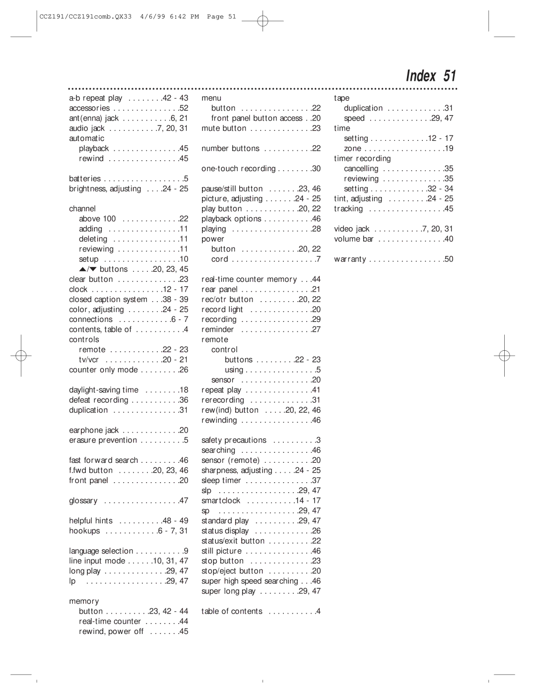 Philips CCZ192AT, CCZ191AT owner manual Index 