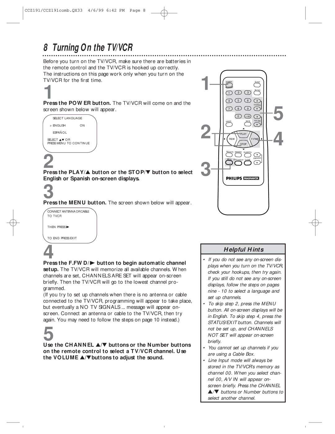 Philips CCZ191AT, CCZ192AT owner manual Turning On the TV/VCR, Press the Menu button. The screen shown below will appear 