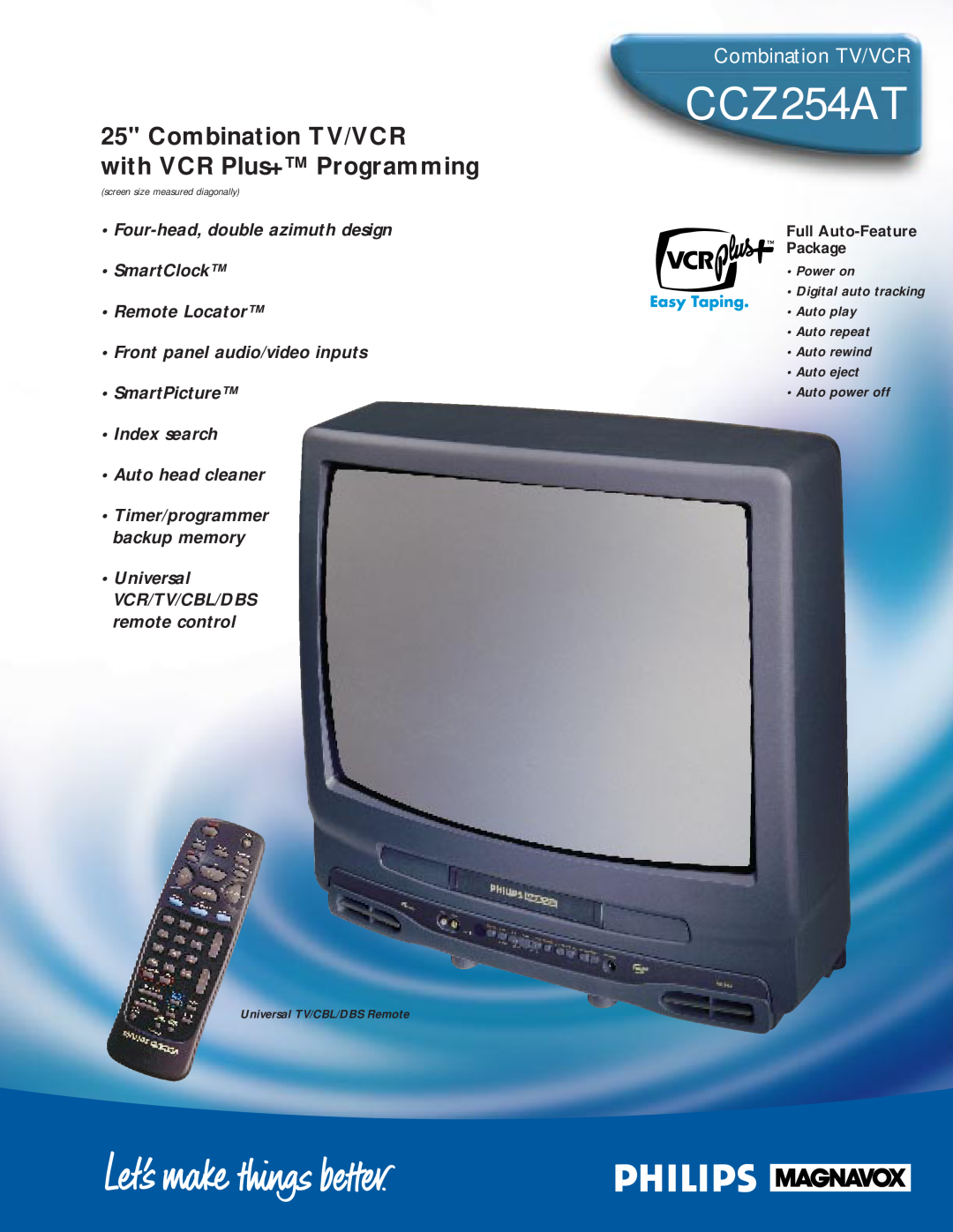 Philips CCZ254AT manual Full Auto-Feature Package, Combination TV/VCR with VCR Plus+ Programming, Auto head cleaner 