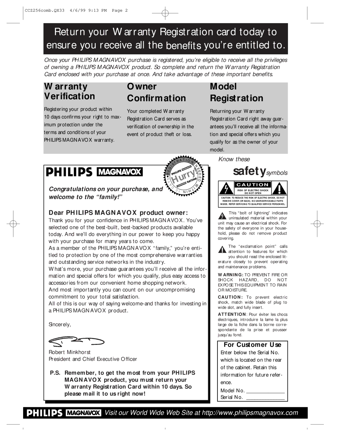 Philips CCZ256AT owner manual Dear Philips Magnavox product owner, For Customer Use 