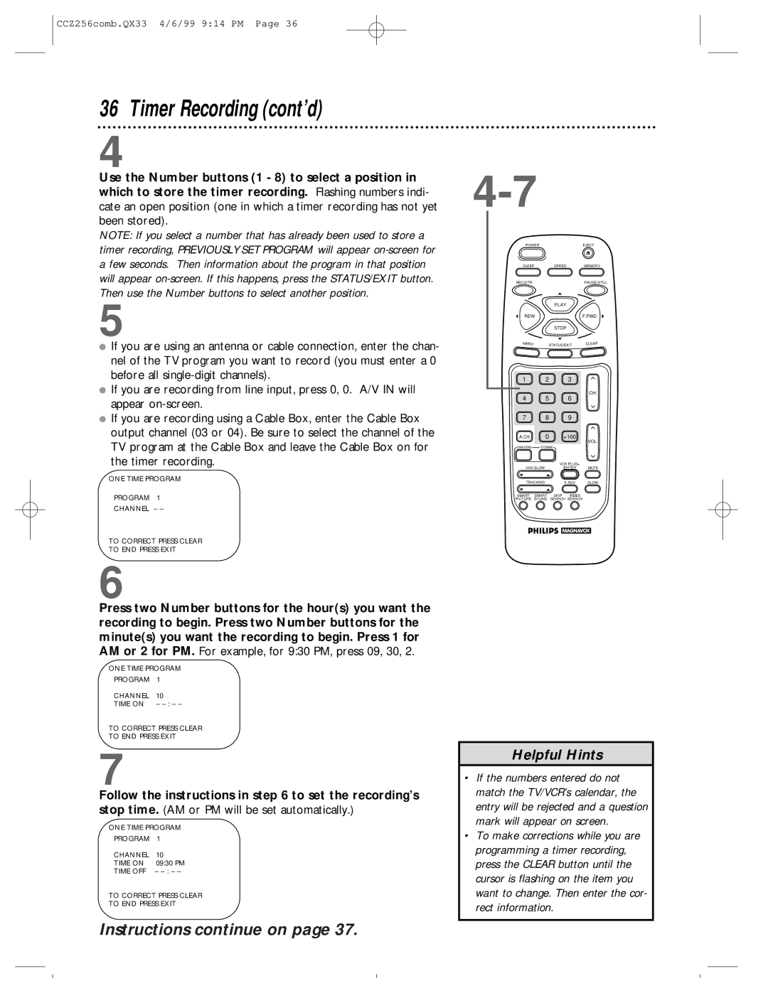 Philips CCZ256AT owner manual Timer Recording cont’d, Rect information 