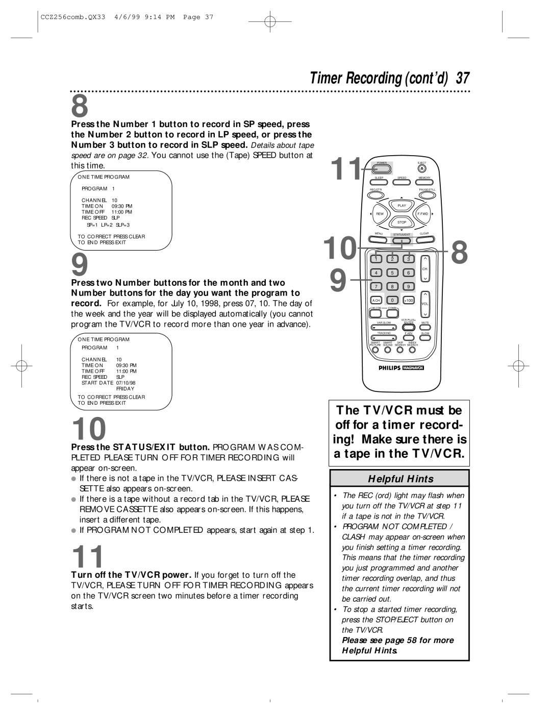 Philips CCZ256AT owner manual Please see page 58 for more Helpful Hints 