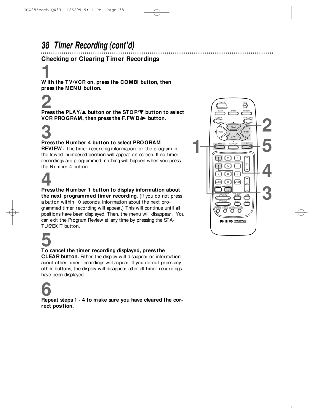 Philips CCZ256AT Checking or Clearing Timer Recordings, REVIEW. The timer recording information for the program 