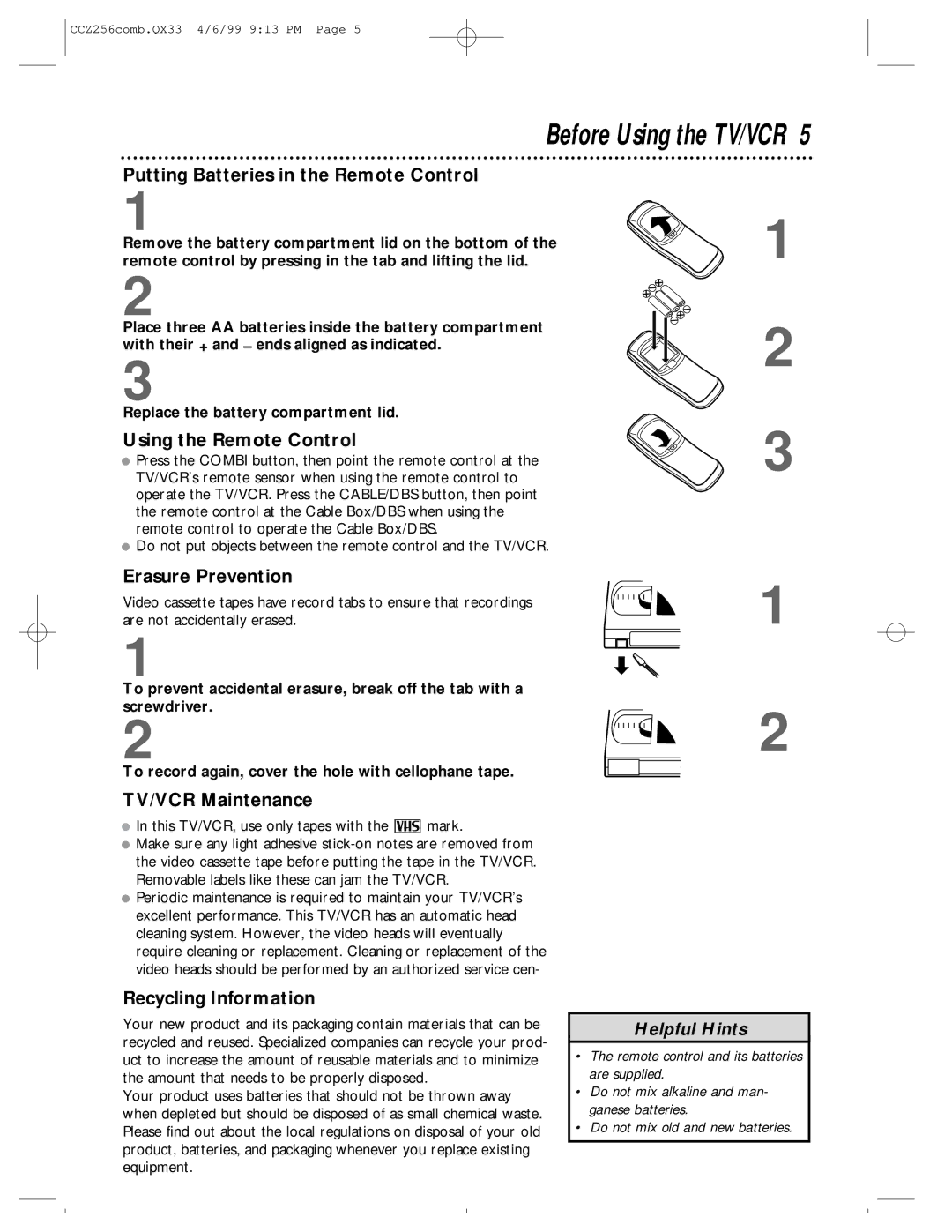 Philips CCZ256AT owner manual Before Using the TV/VCR 