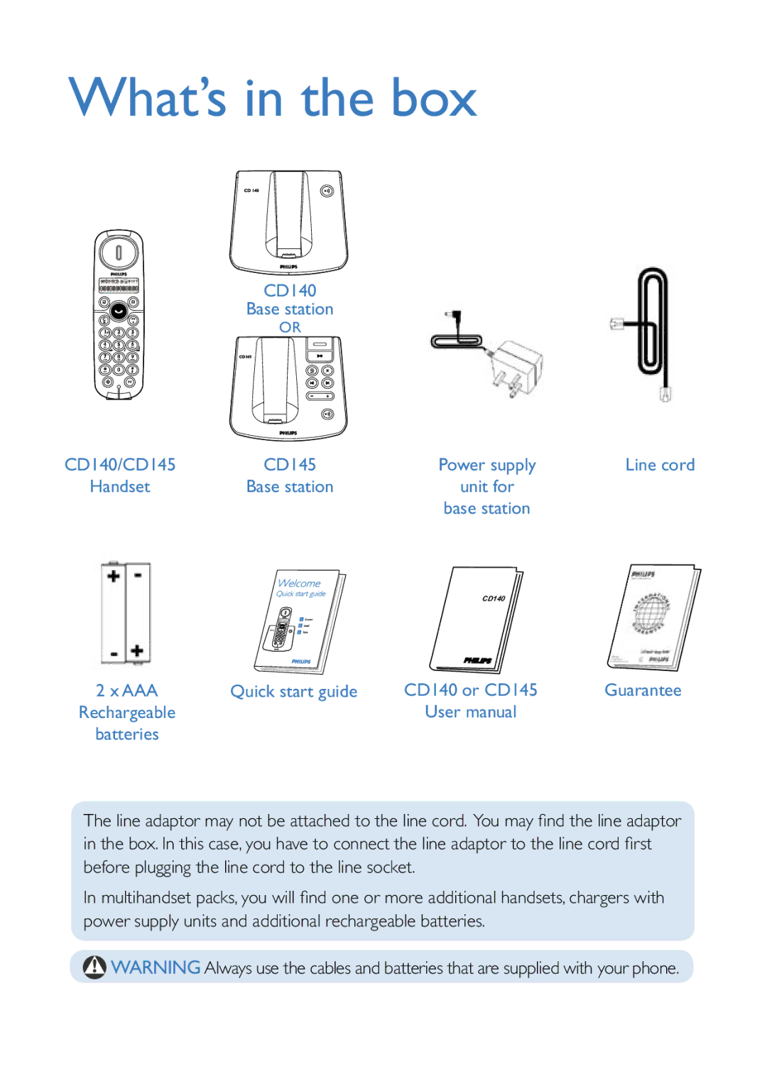 Philips CD 145 quick start CD140 Base station, Quick start guide, Guarantee 