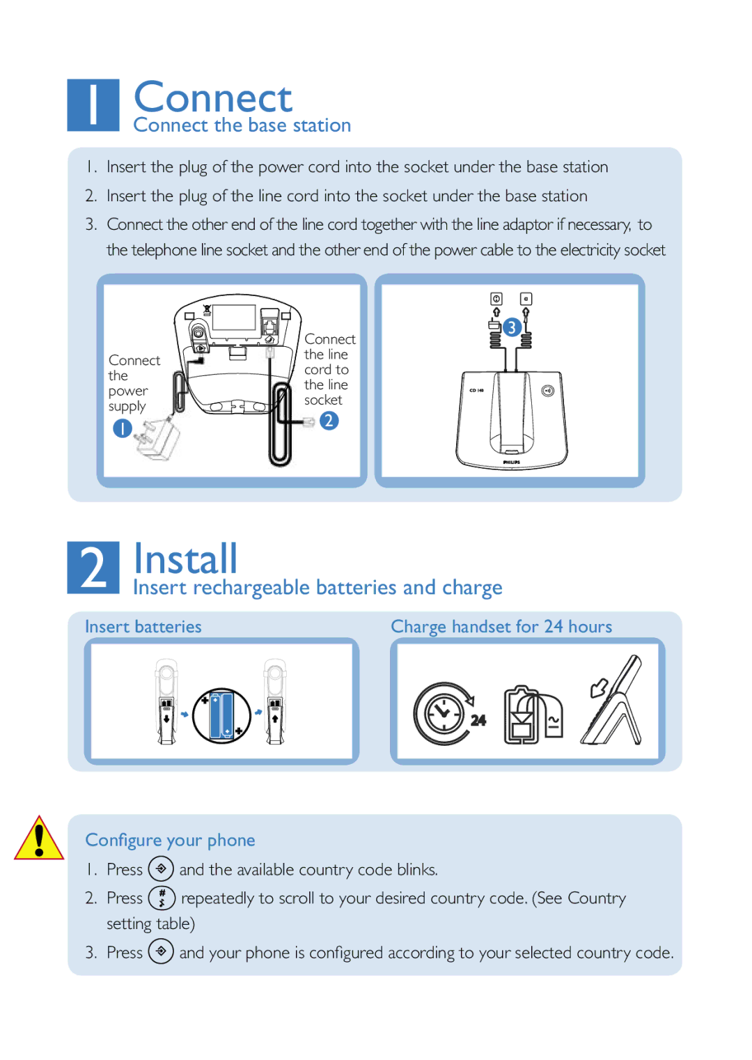 Philips CD 145 quick start Connect, Install, Insert batteries, Conﬁgure your phone 