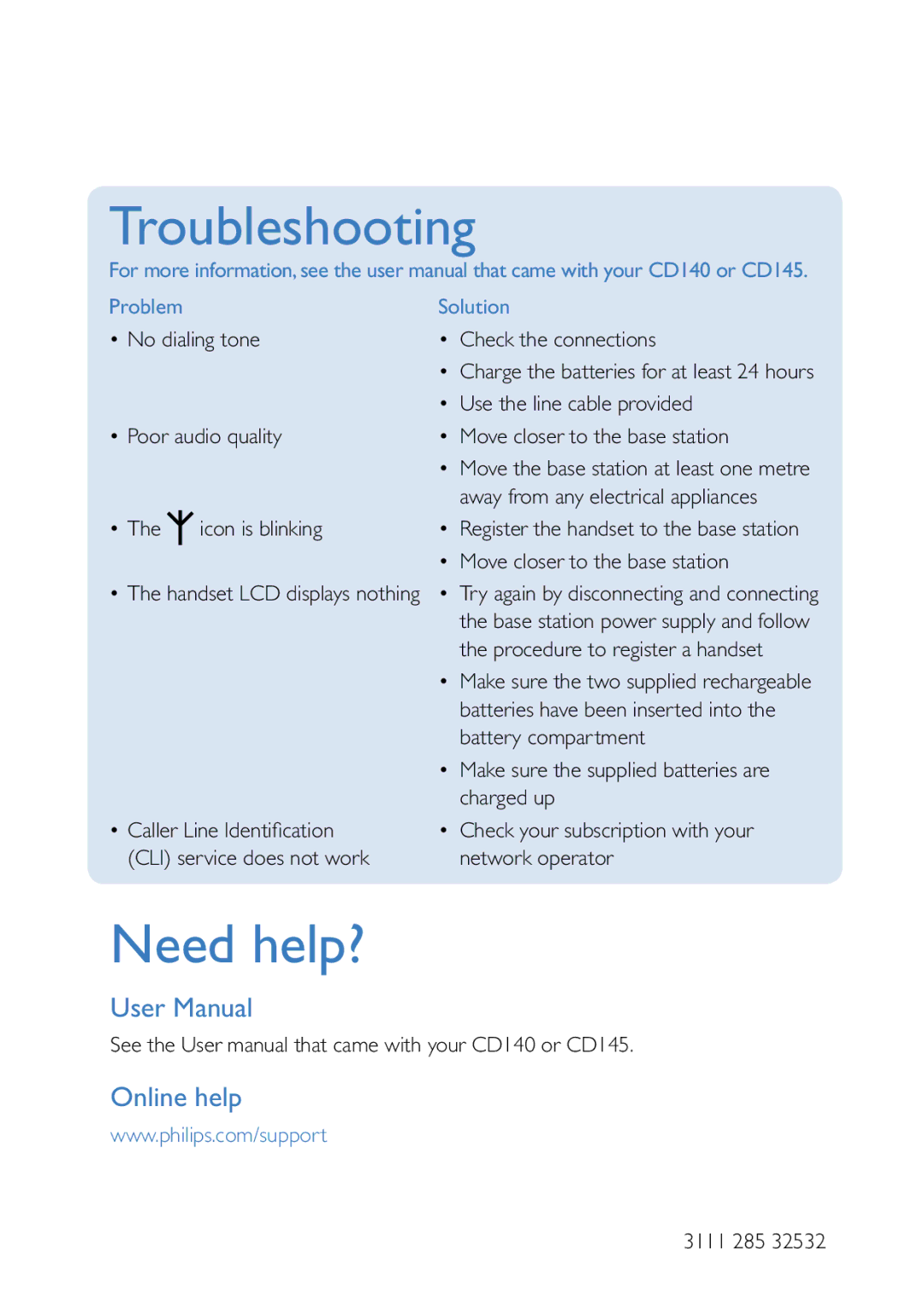 Philips CD 145 quick start Troubleshooting, Need help?, Problem Solution 