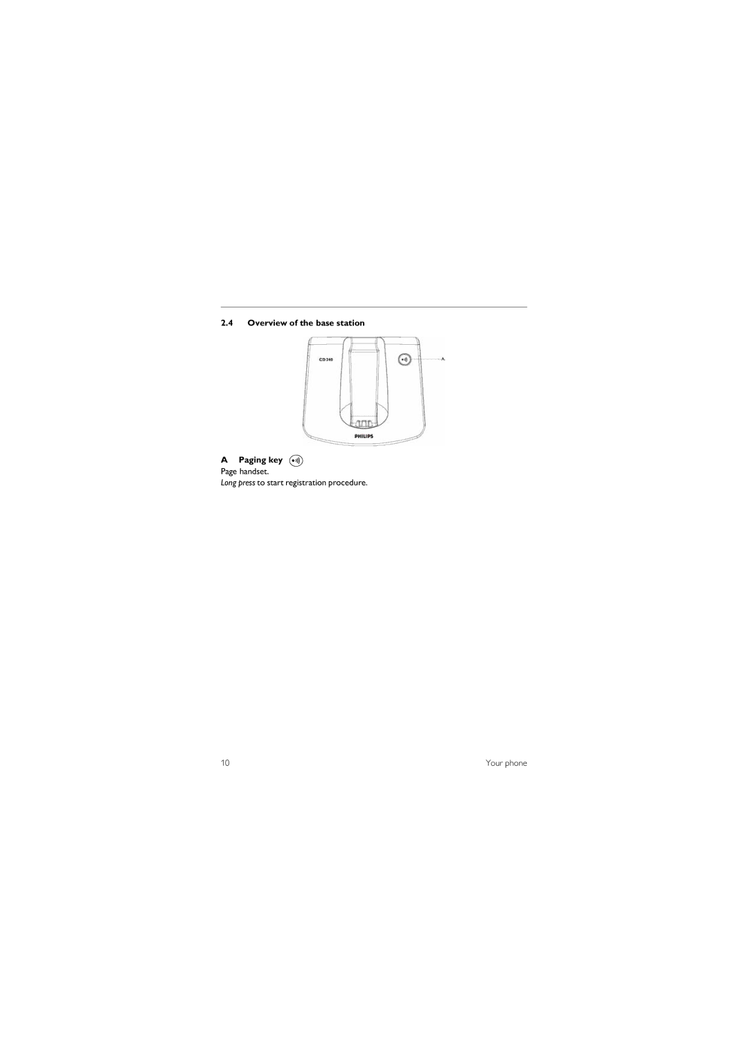 Philips CD 240 manual Overview of the base station Paging key p 