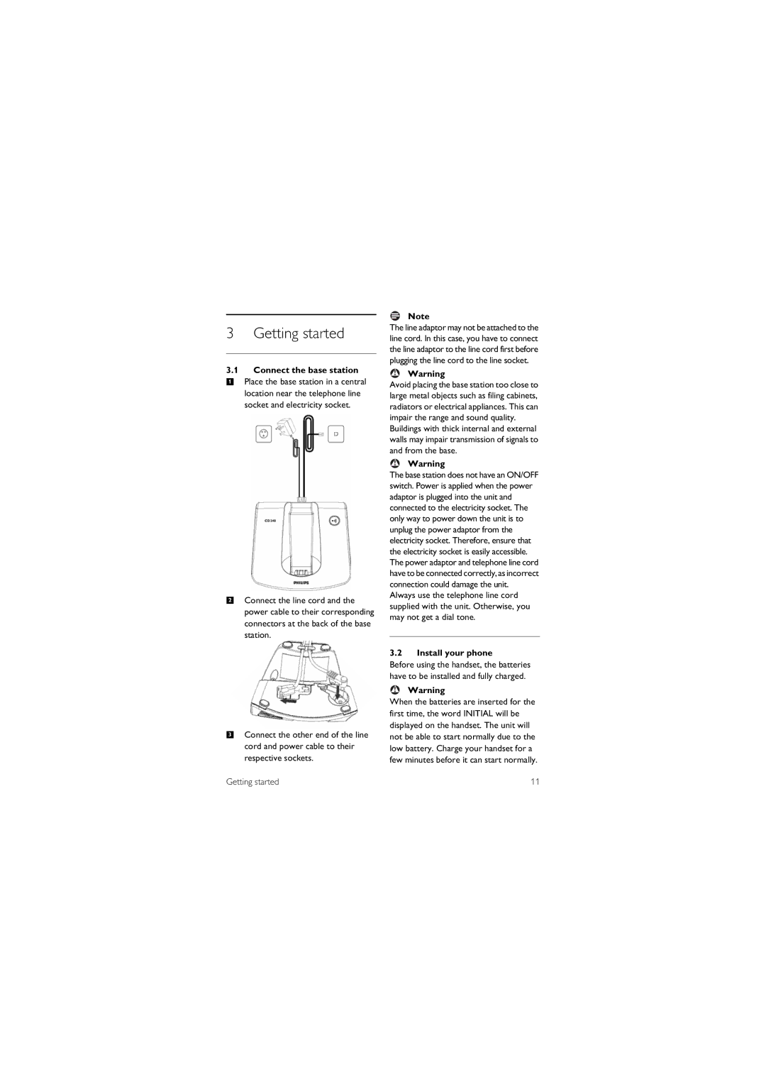 Philips CD 240 manual Getting started, Connect the base station, Install your phone 