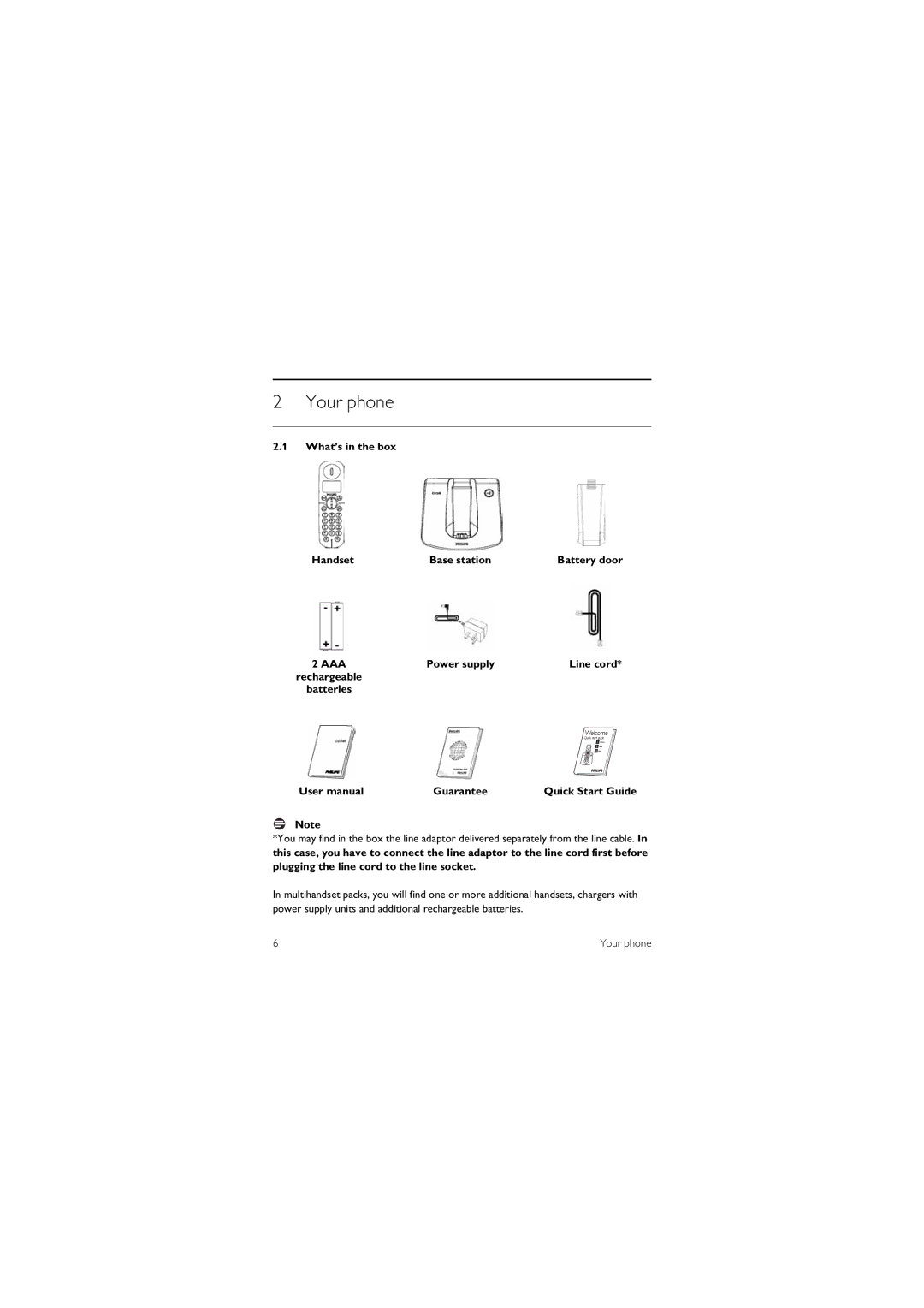 Philips CD 240 Your phone, What’s in the box Handset Base station, Power supply, Batteries Guarantee Quick Start Guide 