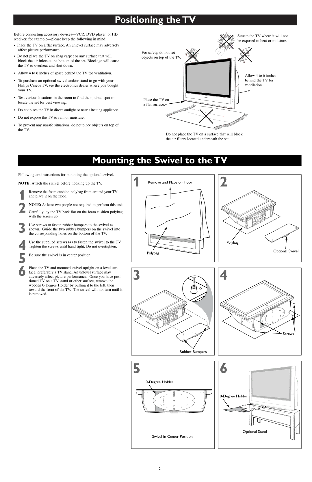 Philips CD-D17HD, CD-D11U, CD-D13 user manual Positioning the TV, Mounting the Swivel to the TV 