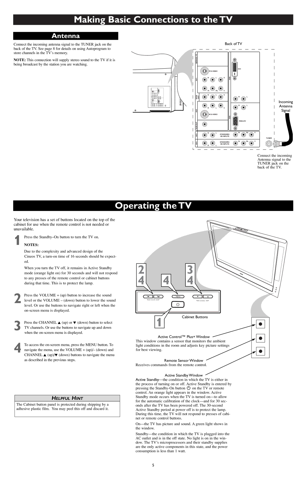 Philips CD-D17HD, CD-D11U, CD-D13 user manual Operating the TV, Antenna 