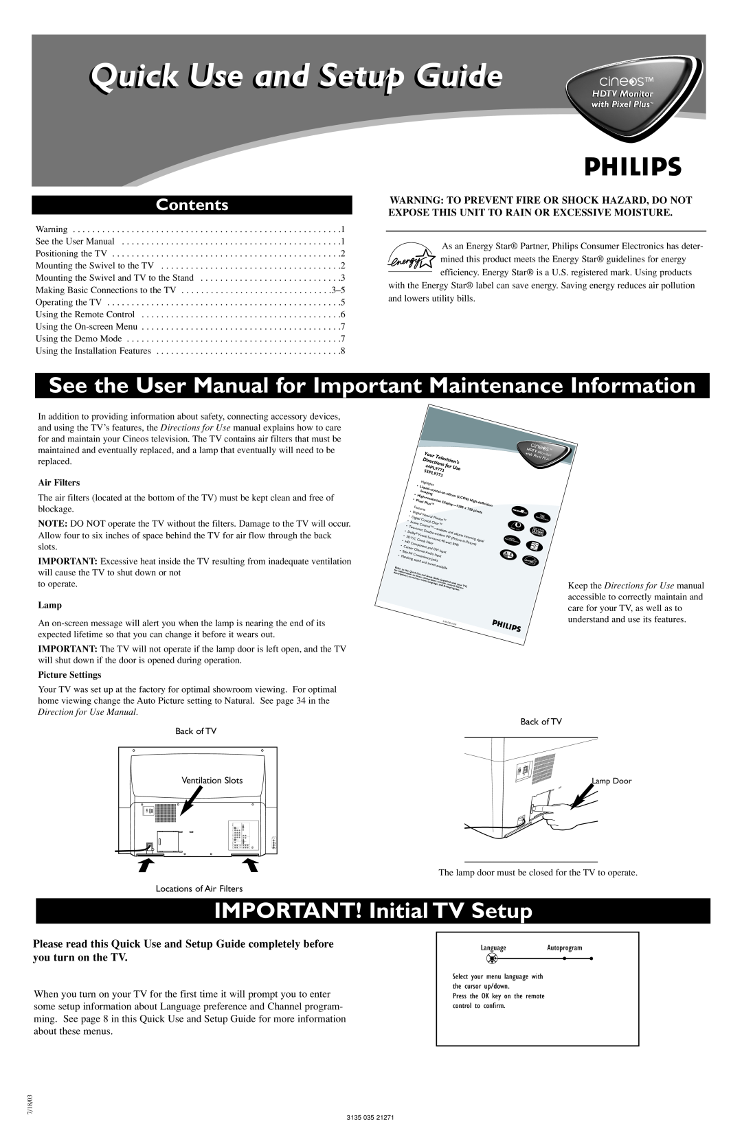 Philips CD-D13 user manual See the User Manual for Important Maintenance Information, IMPORTANT! Initial TV Setup, Lamp 