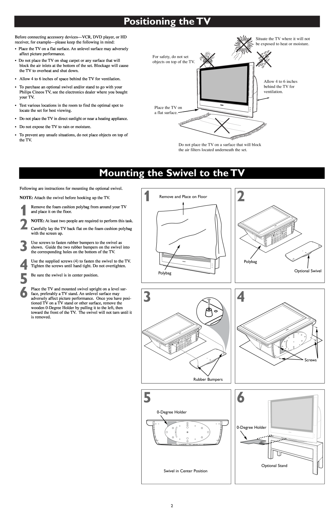 Philips CD-D17HD, CD-D11U, CD-D13 user manual Positioning the TV, Mounting the Swivel to the TV 