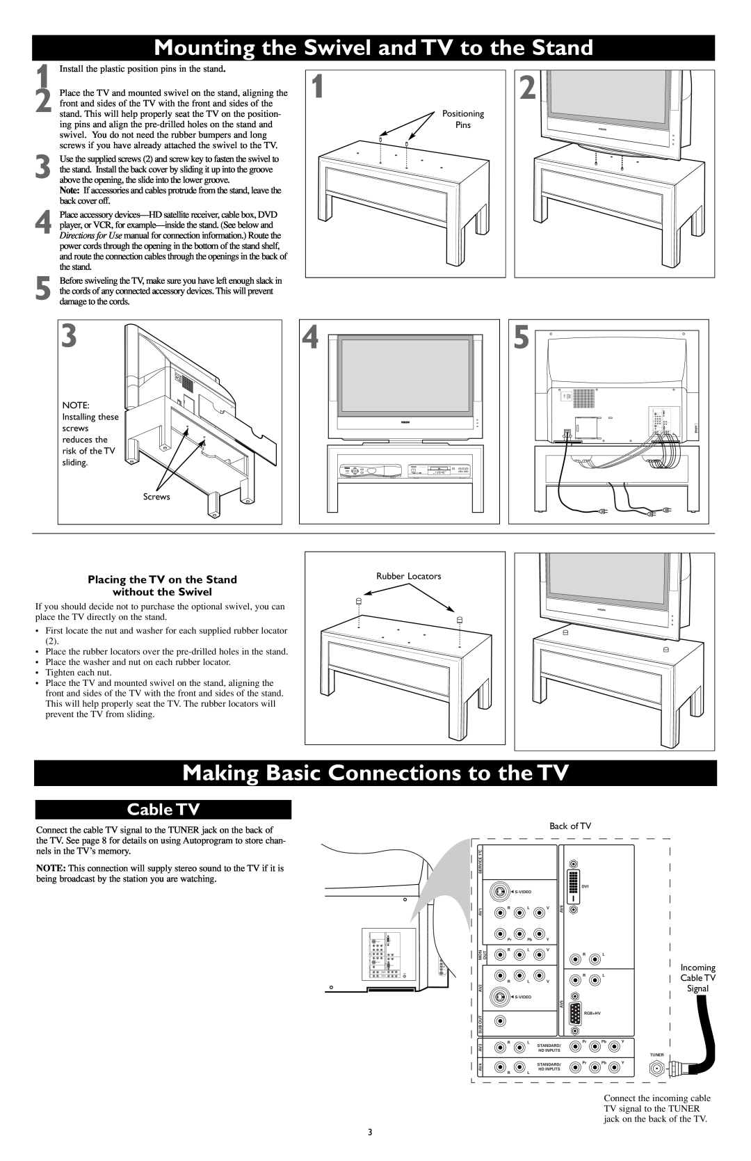 Philips CD-D11U, CD-D13, CD-D17HD Mounting the Swivel and TV to the Stand, Making Basic Connections to the TV, Cable TV 