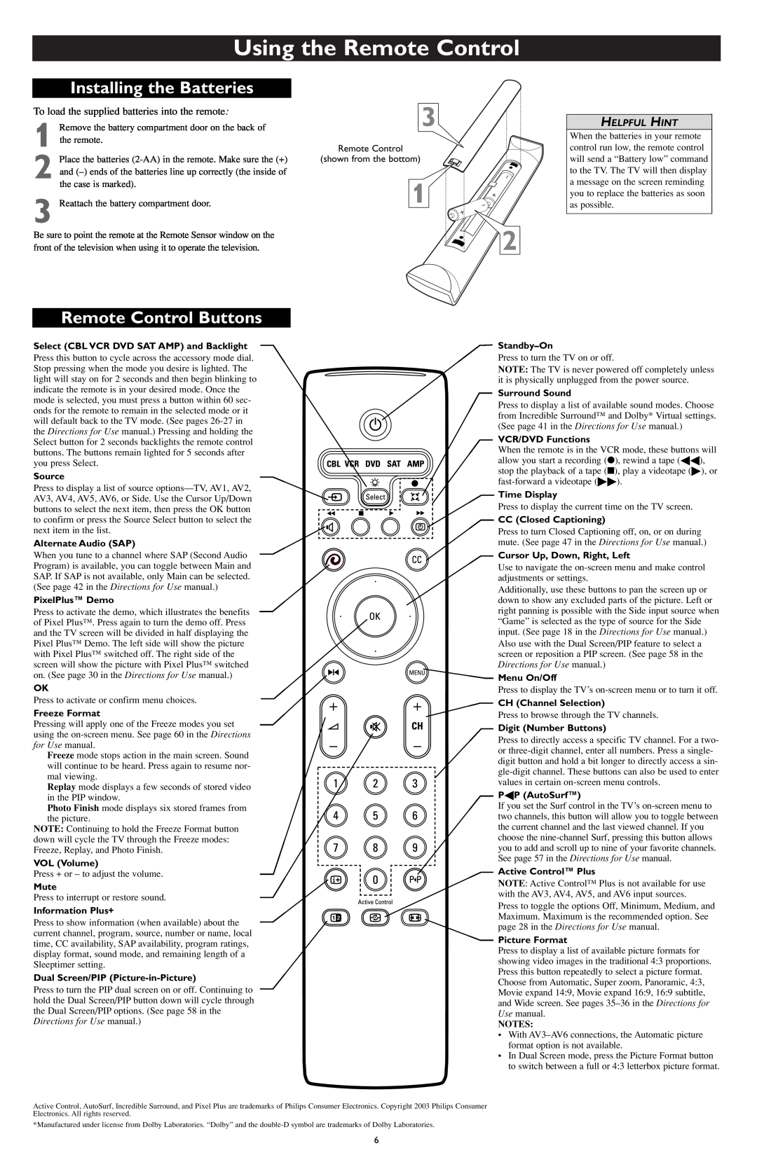 Philips CD-D11U, CD-D13, CD-D17HD Using the Remote Control, Installing the Batteries, Remote Control Buttons, Helpful Hint 